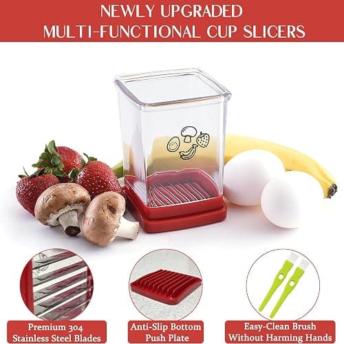 2 Pcs Cup Slicer, Stainless Steel Strawberry & Banana Slicer, Speed Fruit Cutter with Push Plate, Quickly Making Salad, Must Have Kitchen Gadget (Cyan+Red) thumbnail 4