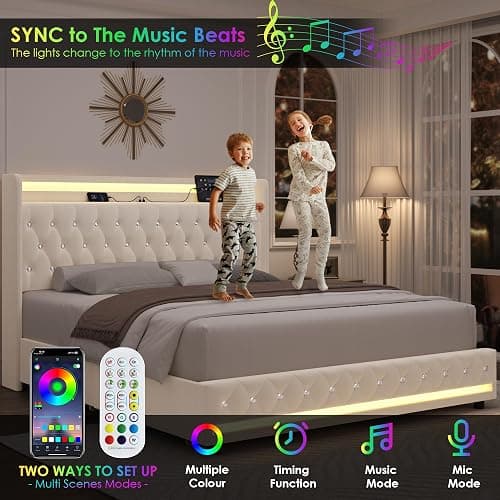 HIFIT King LED Bed Frame with Charging Station and 4 Storage Drawers, Velvet Upholstered Platform Bed with Handcrafted Crystal Button Wingback Headboard, Metal Frame with No Box Spring Needed, Beige thumbnail 3