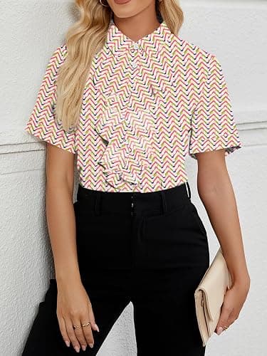 Vrtige Women's Ruffle Front Collar Neck Button Down Short Sleeve Blouse Shirt Top thumbnail 3