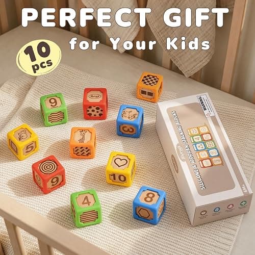 Joyreal Silicone Wooden Baby Blocks, 10PCS Montessori Stacking Blocks for Babies 6-18 Months, 1.7" Beech Wood Sensory Learning Toy with Animals, Numbers, Textures, Soft Chewable, Laser Engraved thumbnail 8