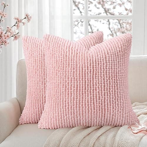 HOMEIDEAS Light Pink Textured Chenille Pillow Covers 18x18 Set of 2 | Thick Plush Double Sided Design,Cozy Warm Touch Textured Design,Couch Sofa Bed Bedroom,Modern Farmhouse Decor - Image 1