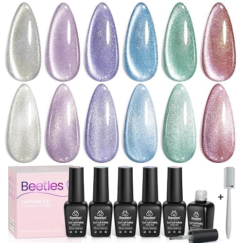 Beetles Cat Eye Gel Nail Polish, 6 Colors Glitter Gel Polish Kit Silver Pink Blue Purple Red Green Velvet Set with Magnet Soak Off UV French Nail Art Romantic Galaxy Series Gift for Women - 0-0-Romantic Galaxy - Image 1