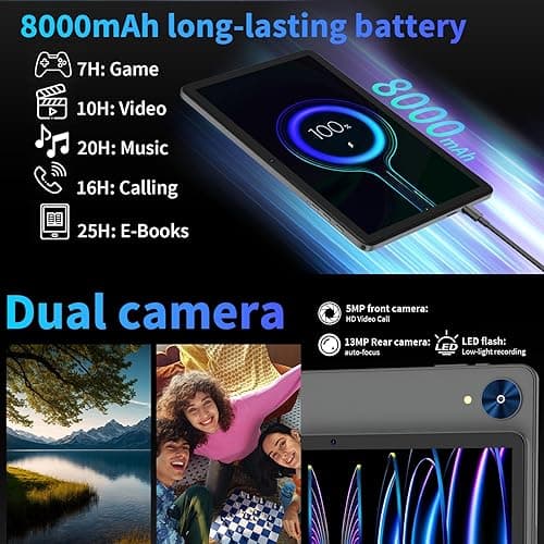 YLEEBG Android 15 Tablet with Keyboard, 26GB+256GB(2TB Expand), 10.1 Inch Tablet 8000 mAh Battery, BT 5.0, 5G WiFi, Widevine L1, Dual Camera, 2 in 1 Tab with Mouse, Case, Stylus（Silver Case） thumbnail 6