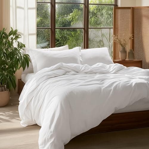 Bedsure 100% Washed Cotton Duvet Cover Queen Size - Natural White Minimalist Cotton Duvet Cover Linen Like for All Seasons - GentleSoft™ Plain Simple Bedding (Natural White, Queen, 90"x90") thumbnail 4