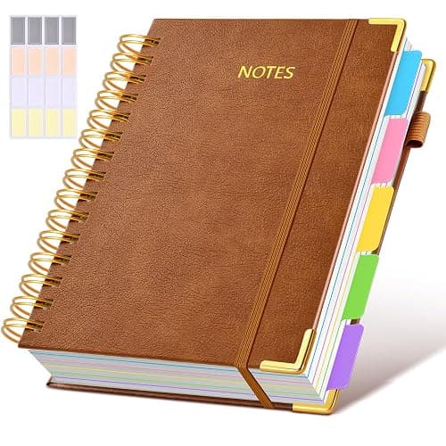 Hardcover Spiral Notebook journal with Removable Dividers Tabs, 300 Pages Leather 5 Subject Notebook College Ruled,A5 Notebooks for Work School Note taking,Lined Journal for Women,A5 Light Brown - Image 1