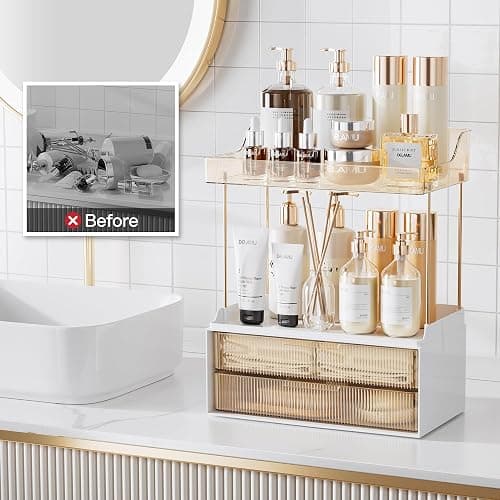 Delamu 4-Tier Makeup Organizer, Bathroom Counter Storage, 2 Drawers, Amber | Elegant Vanity Organizer Gift for Women, Holds Perfume, Skincare, Nail Polish & Hair Accessories for Bathroom Countertop thumbnail 7