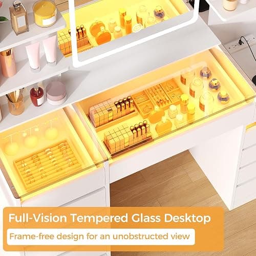 BEWISHOME 49.2" Vanity with Mirror and RGB Lights,Full-View Glass Desktop | White Makeup Vanity Table with 10 RGB Drawers,4 Shelves 5 Hooks and Power Outlet,Dressing Table for Girls Women Bedroom thumbnail 5