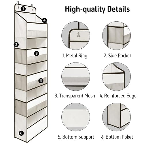 TYMENSH Over Door Organizer with 5 Large Pockets, Heavy Duty Hanging Organizer Storage, Closet Bathroom Nursery Bedroom Dorm, Toys Cosmetics Sundries and Baby Essentials, White thumbnail 4