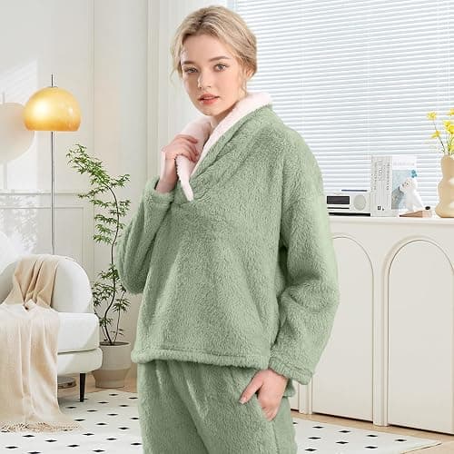 BOSECETA Fluffy Pajamas for Women Set Soft Comfy Fleece Pjs Pullover Pants Loose Plush 2 Piece Sleepwear Fuzzy for Winter thumbnail 6