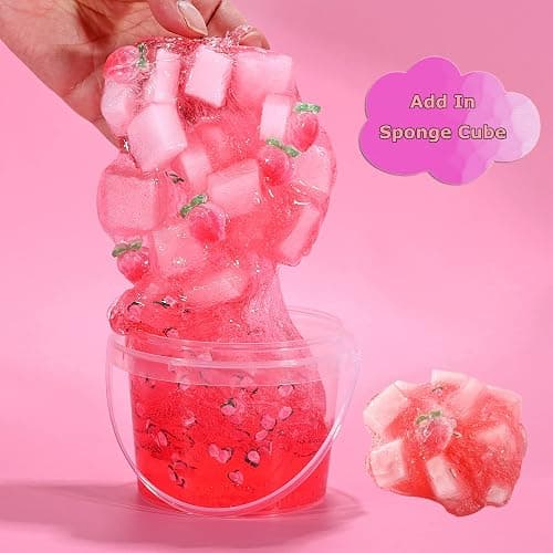Premade Peach Pink Jelly Cube Glimmer Crunchy Crystal Slime, Includes 6 Sets of Add-ins, Sensory and Tactile Stimulation, Stress Relief, Party Favors for Girls & Boys thumbnail 4