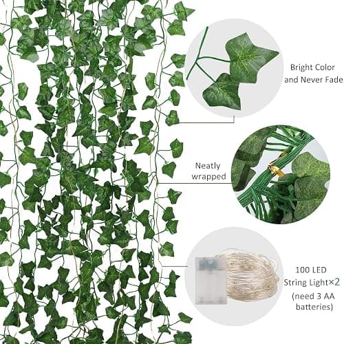 RECUTMS 24 Pack 172Ft Fake Ivy Vines with String Lights for Room Decor | Artificial Vines with 200 LEDs String Light Hanging Leaf Greenery Garland Plants for Wall Room Garden Office Wedding Decor thumbnail 4