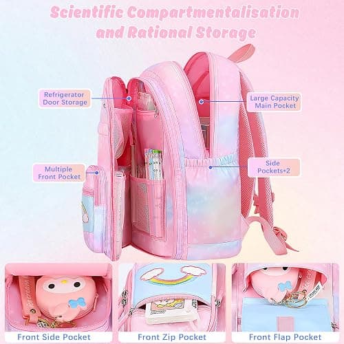 Aedcbaide School Bags for Girls with Stationery Set, Refrigerator Door Kids Backpack Rucksack for Primary School, Lightweight Pink School Bag for 8-10 Years Old - Pink - Girls thumbnail 5