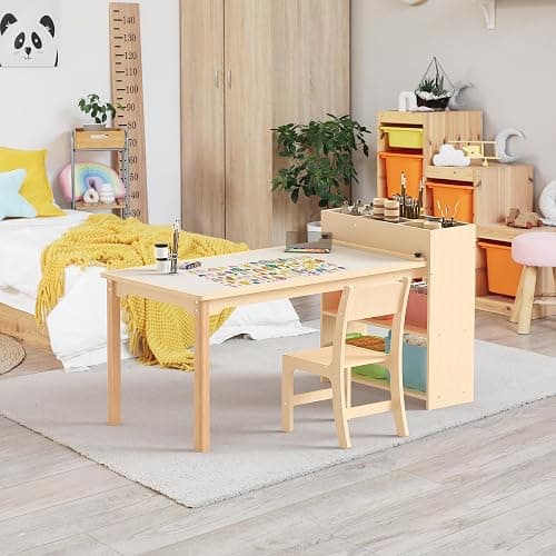 Puecrof Bureau Enfant avec Chaise en Bois de Bouleau – Table Créative avec Rangement pour Dessin, Bricolage et Jeu thumbnail 2