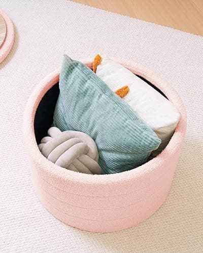 B FSOBEIIALEO Ottoman with Stroage, Round Sherpa Storage Ottoman Stool, Boucle Foot Rest22 x 22"x15.75" (Pink thumbnail 4