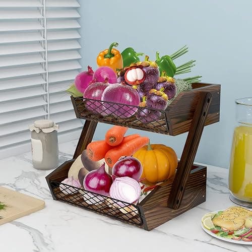 Dorhors Fruit Basket for Kitchen Counter Organizer,Fruit Bowl Stand Storage | 2 tier Rustic Brown Vegetable Holder,Wood Bread Display Rack,Kitchen Countertop Organizer Shelf for Snack,Onion,Banana,Potato thumbnail 4