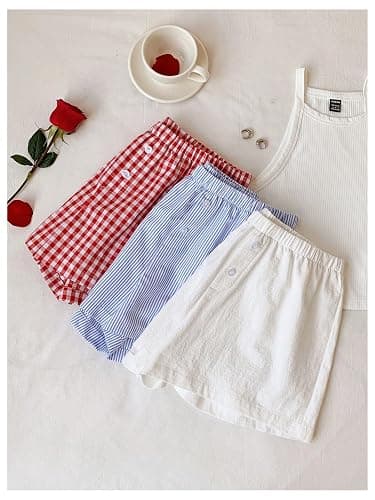 MakeMeChic Women's 3 Pack Linen Shorts Plaid Gingham Striped Summer Beach Boxer Shorts thumbnail 4