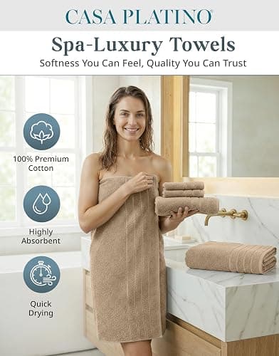 Casa Platino 18 Pcs 100% Cotton Towel Set - Soft, Absorbent & Perfect Family Set - 6 Bath, 6 Washcloths, 6 Hand Towels for Bathroom - Ideal for Home, Spa & Gym - Quality You Can Trust - Beige thumbnail 2