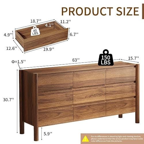 CHUWELL Dresser for Bedroom, 63" Wide Mid Century Modern Chest of Drawers with 9 Large Storage Space and 4 Solid Wood Cylindrical Legs, 9 Drawer Large Dresser for Bedroom(Walnut) thumbnail 2