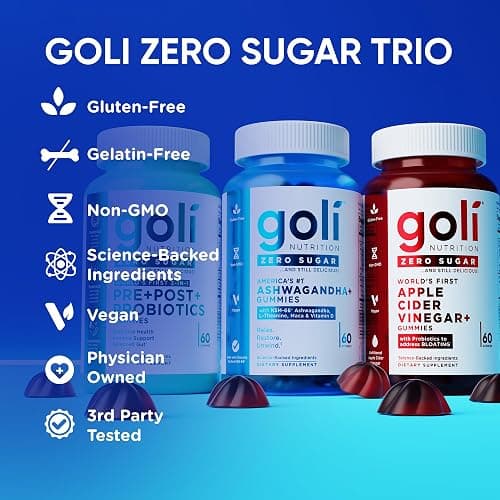 Goli Zero Sugar Trio - World's First 3-in-1 Pre, Post, Probiotic, Apple Cider Vinegar with Vitamin B12 and Probiotics, Ashwagandha & L-Theanine, Vitamin D Gummies, 90 Count (3-Bottle Set) thumbnail 7