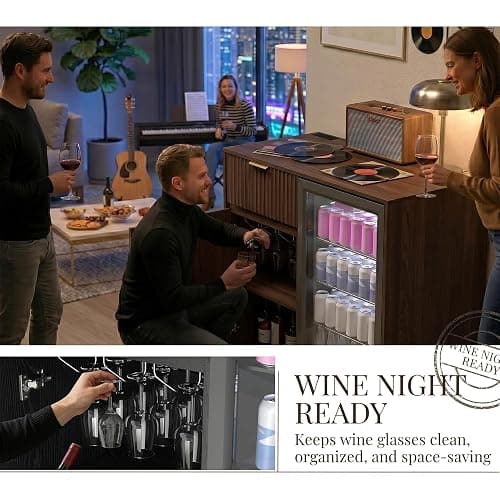 Mini Fridge Cabinet with Power Outlet, Coffee Bar Cabinet with Fridge Space & Wine Glass Rack, Fluted Buffet Sideboard with Drawer & Adjustable Shelf, Home Bar Cabinet for Living, Dining Room Kitchen thumbnail 6