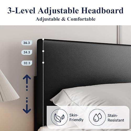 Allewie Full Size Bed Frame with Adjustable Headboard, Faux Leather Platform Bed with Wood Slats, Heavy Duty Mattress Foundation, No Box Spring Needed, Noise-Free, Easy Assembly, Black thumbnail 4