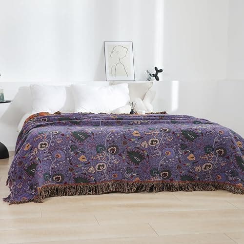 Boho Throw Blanket for Bed 100% Cotton Ultra Soft Rustic Quilt Farmhouse Decor Bed Fall Blanket,All Season Rustic Throw for Sofa Couch Chair (Flower-Purple, 60"×80") thumbnail 5