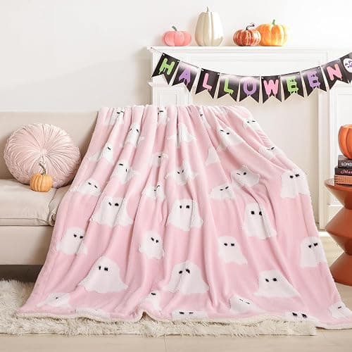 Smoofy Halloween Throw Blanket, Pink Ghost Fleece Halloween Blanket 50"x60" | Cute Pink Halloween Room Decor, Fluffy 3D Spooky Halloween Blanket for Sofa & Bed thumbnail 8