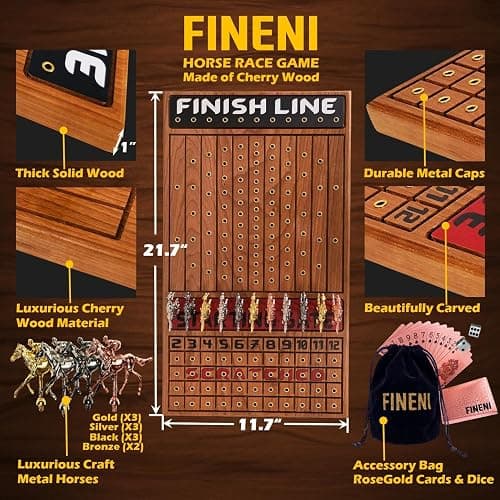 FINENI Horse Racing Game for Adults, Horse Race Board Game with 11 Luxurious Metal Horses (Gold, Silver, Black, Rose Gold), 22” Cherry Wood Horse Race Game Board, Dice & RoseGoldCard Included (Cherry) thumbnail 4