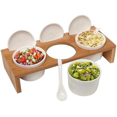 MyGift 10 Pcs Sauce Serving Dish, Hosting Party Essentials Host Gift, 3 Ceramic Ramekin Chip Dip Bowls with Lids & Spoons, Premium Bamboo Server Tray, Condiment Pot Entertaining - Image 1