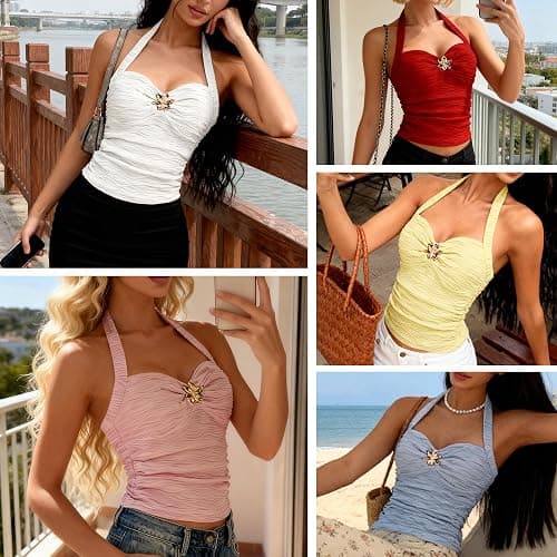 ASKHOPE Going Out Tops for Women Y2K Tops - White Halter Top V Neck Open Back Ruched Cami Metal Decor Cute Summer Top 2025 thumbnail 7