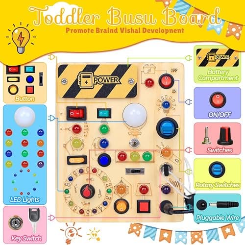 RichBoy Montessori Toy Busy Board for 1-3 Year Old Toddlers, 37-in-1 Sensory Toy with 24 LED Lights, Educational Travel Toy for Airplane Car Rides, First Birthday for Boys Girls (6.7" x 5.3") thumbnail 6