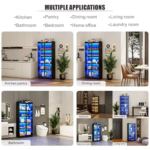 Dystler Display Cabinet with Doors and Adjustable Shelves, 65" Tall Bookcase with LED Lights/Human Sensor, 5 Tier Display Case for Collectibles Bedroom Living Room Office, Black thumbnail 6