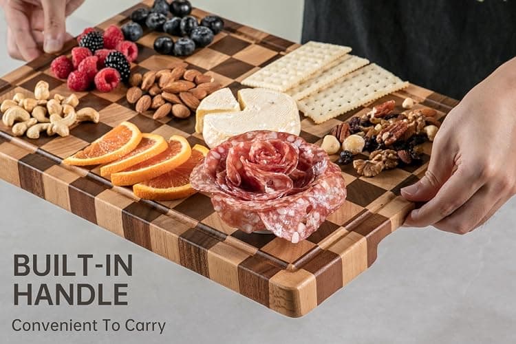 THETCHRY Cutting Boards for Kitchen, Checkered Cutting Board Upgraded, Acacia Wood Chopping Board with Juice Grooves & Handles, Large Butcher Block Serving Tray with Gift Box, 16.5" x 11.6" x 0.8" thumbnail 5