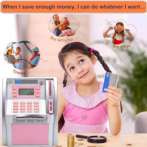 YaBao Pounds Version Electronic ATM Savings Bank Digital Piggy Money Bank Machine,Electronic Cash Box with Debit Card,Password Login,Voice Prompt,Coin Recognition,Targets Setting (Silver/Pink) thumbnail 6