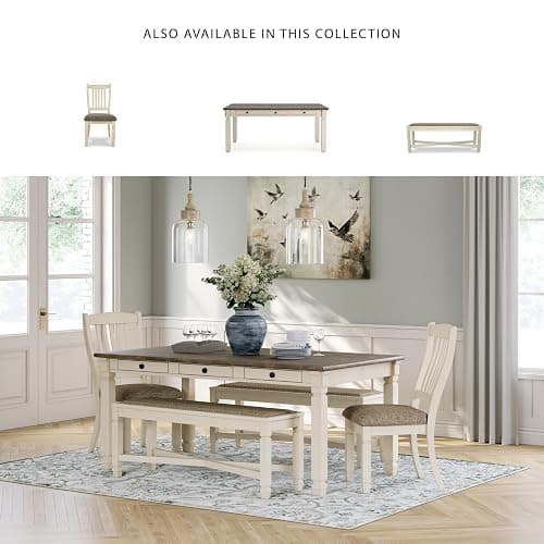 Signature Design by Ashley Bolanburg Casual French Country Upholstered Dining Room Bench with Nailhead Trim, Heavy Woven Fabric, Wood, Antique White & Tan thumbnail 6