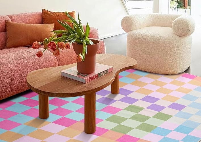 Multicolored Checkerboard Bedroom Rug Washable Ultra Thin Retro Funky Aesthetic Cute 4x6 Area Rugs for Living Room Nursery Kitchen Entryway Dorm, Pastel Colorful Checkered Geometric Carpet thumbnail 2