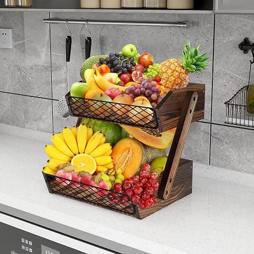 Dorhors Fruit Basket for Kitchen Counter Organizer,Fruit Bowl Stand Storage | 2 tier Rustic Brown Vegetable Holder,Wood Bread Display Rack,Kitchen Countertop Organizer Shelf for Snack,Onion,Banana,Potato thumbnail 6