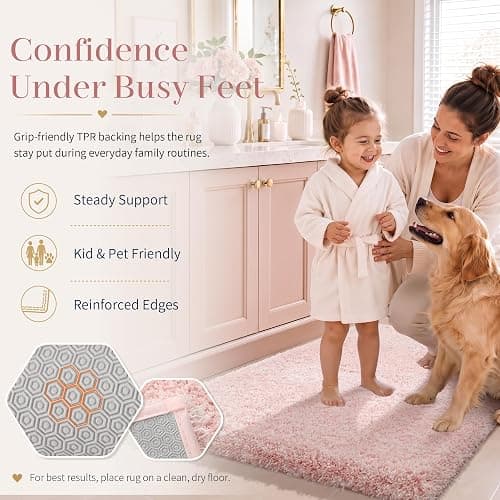 Yimobra Light Pink and White Bathroom Rugs Non Slip Washable, Ultra Soft and Water Absorbent Bath Mats, Plush Fluffy Shower Mat Outside, Microfiber Thick Matts for Bathroom Floor/Sink, 24x17 thumbnail 5