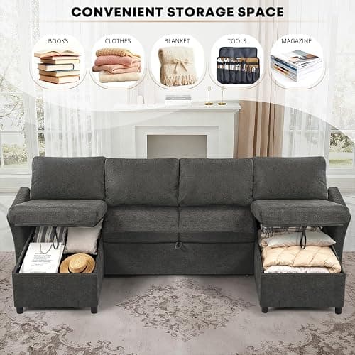 ACMEASE 107 Inches Fabric Sectional Sofa with Pull Out Sofa Bed, Modern U-Shape Sofa with Throw Pillows, Comfortable Sleeper Couch with Storage Chaise for Living Room, Grey thumbnail 3