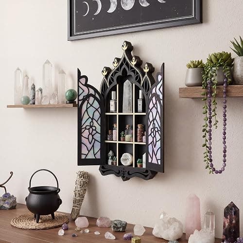 Gothic Crystal Display Shelf, Goth Wall Decor Witchy Spiritual Home Decor | Display Shelf for Gemstones, Essential Oils & Trinkets, Wooden Church Window Shelf for Bedroom Living Room, Witchy Gifts thumbnail 4