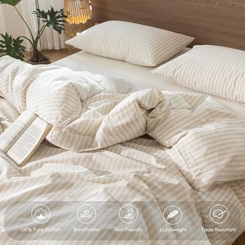 MooMee Striped Duvet Cover Set 100% Washed Cotton Linen Like Textured Breathable Durable Soft Comfy (Almond Milk Grey Classic Stripes, Queen 90"x90") thumbnail 3