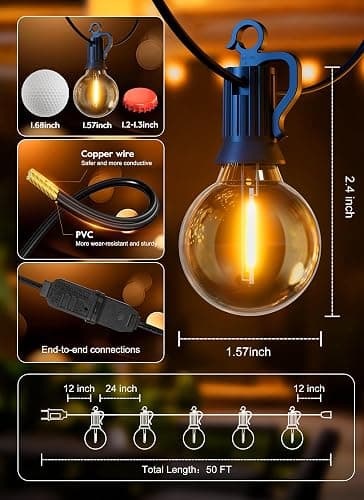Brightown Outdoor String Lights, 50FT 25 G40 Bulbs Shatterproof Patio Lights, IP65 Waterproof Dimmable Hanging Connectable Globe LED Outdoor Lights for Backyard, Bistro, Porch, Deck, Balcony thumbnail 6