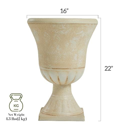 Worth Garden Plastic Urn Planters for Outdoor Plants, Tree 22'' Tall 2 Pack Round Classic Resin Flower Pots Indoor Beige Traditional Front Porch 15 in Dia. Large Imitation Stone Decorative Patio Deck thumbnail 3