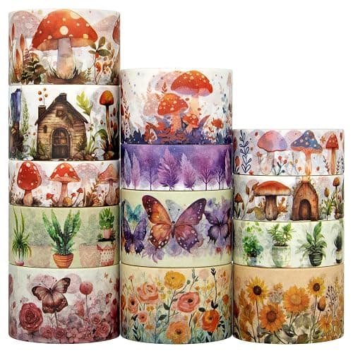 KOVANO Washi Tape Set 13 Rolls - Mushroom Butterfly Floral Decorative Tape, Colored Masking Tape for Scrapbooking Supplies, Bullet Journal Supplies, Junk Journal, DIY Crafts Art - Image 1