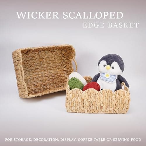 LUSYDECO Set of 2 Scalloped Edge Wicker Storage Basket with Built-in Handles, Rectangle Water Hyacinth Basket for Organizing, Decorative Woven Rattan Basket for Shelf, Nursery Room thumbnail 4