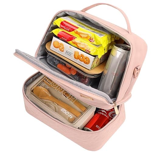 NISHEL Lunch Bag for Women, Insulated Two Separate Compartments Meal Box with Adjustable Shoulder Strap, Leakproof Cooler Case for Work, Pink thumbnail 4