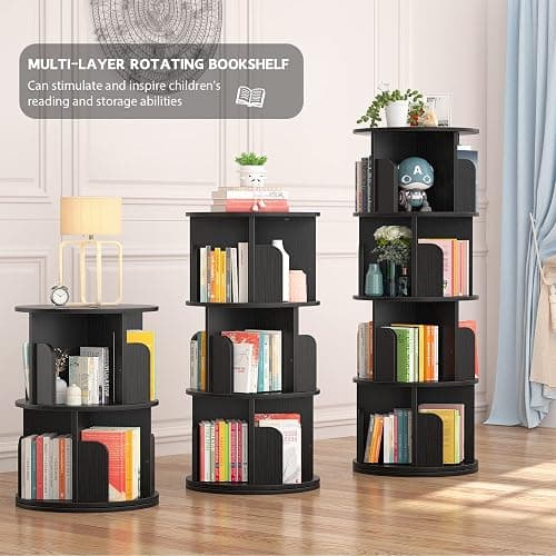 Aheaplus Rotating Bookshelf, 360 Revolving Bookshelf Tower for Small Space, 4 Tier Floor Standing Bookcase Storage Rack, Wood Narrow Book Shelf Organizer for Bedroom, Living Room, Study Room, Black thumbnail 5