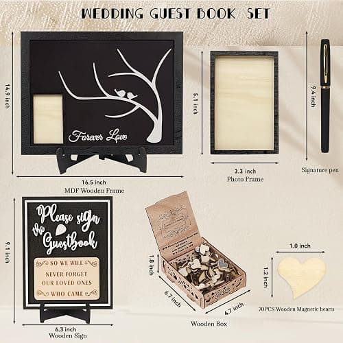 JUSGODA Magnetic Wedding Guest Book Alternative, Guest Book Wedding Reception, Wooden Wedding Guest Book with Picture Frame, 70PCS Wooden Hearts for Wedding, Anniversary, Indoor and Outdoor Ceremony thumbnail 3