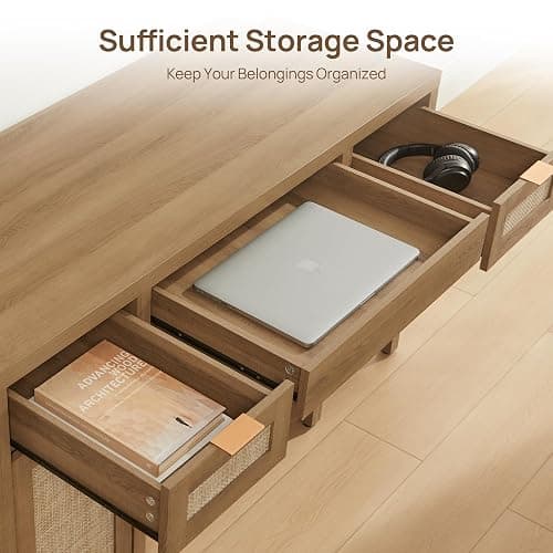 SICOTAS 52" Rattan Home Office Desk with 3 Drawers: Boho Executive Desk with 2 Storage Cabinets, Large Computer Writing Table for Study, Office, Living Room thumbnail 5