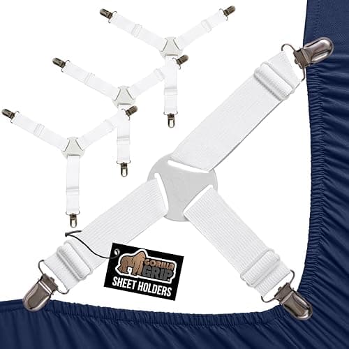 GORILLA GRIP Patented Bed Sheet Holders, Adjustable Elastic Fasteners with Metal Clips, Keep in Place Fitted Bedding Straps, Firm Tight Suspenders for Mattress, US Designed, 4 Pack White - Image 1